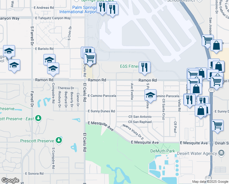 map of restaurants, bars, coffee shops, grocery stores, and more near 563 El Placer Road in Palm Springs