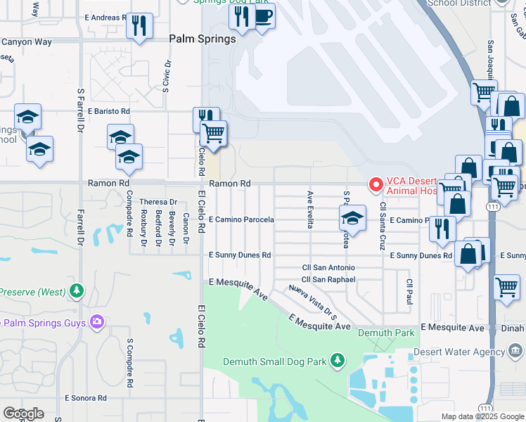 map of restaurants, bars, coffee shops, grocery stores, and more near 563 El Placer Road in Palm Springs