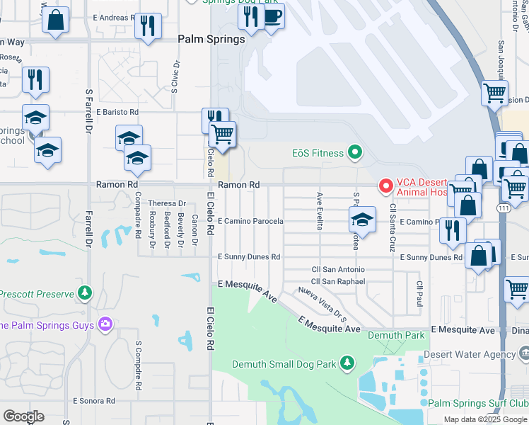 map of restaurants, bars, coffee shops, grocery stores, and more near 573 Desert Way in Palm Springs