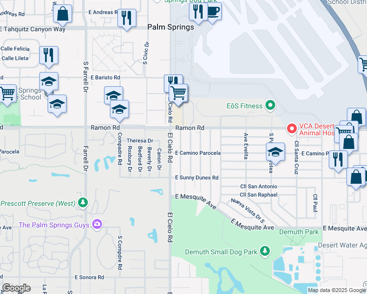 map of restaurants, bars, coffee shops, grocery stores, and more near 580 Desert View Drive in Palm Springs