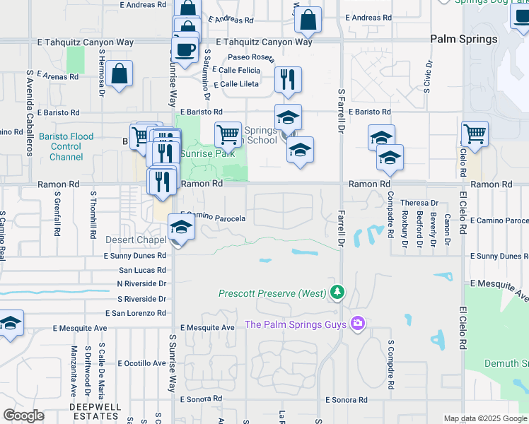 map of restaurants, bars, coffee shops, grocery stores, and more near 2113 Sunshine Way in Palm Springs