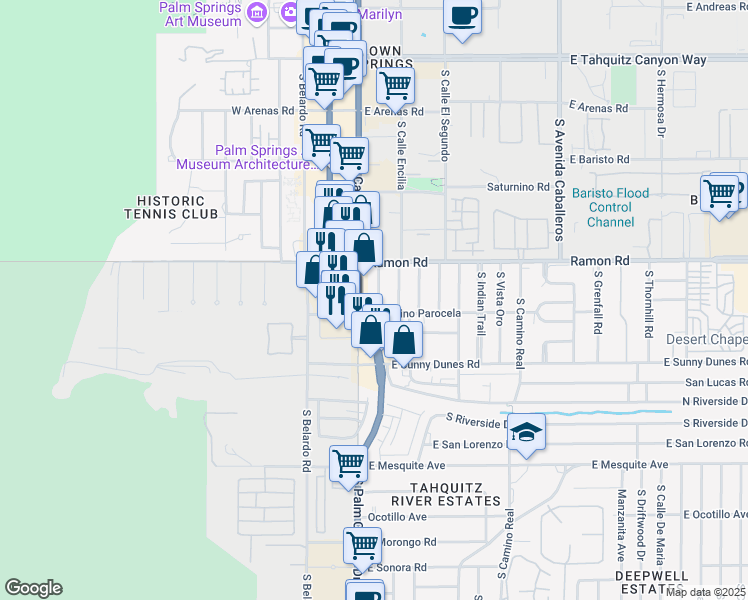 map of restaurants, bars, coffee shops, grocery stores, and more near 611 South Palm Canyon Drive in Palm Springs