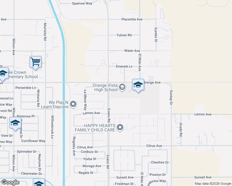 map of restaurants, bars, coffee shops, grocery stores, and more near 20980 Evans Road in Perris