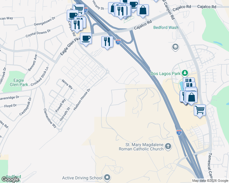 map of restaurants, bars, coffee shops, grocery stores, and more near 21250-21264 Glen Road in Corona