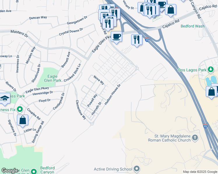 map of restaurants, bars, coffee shops, grocery stores, and more near 4105 Cameron Way in Corona