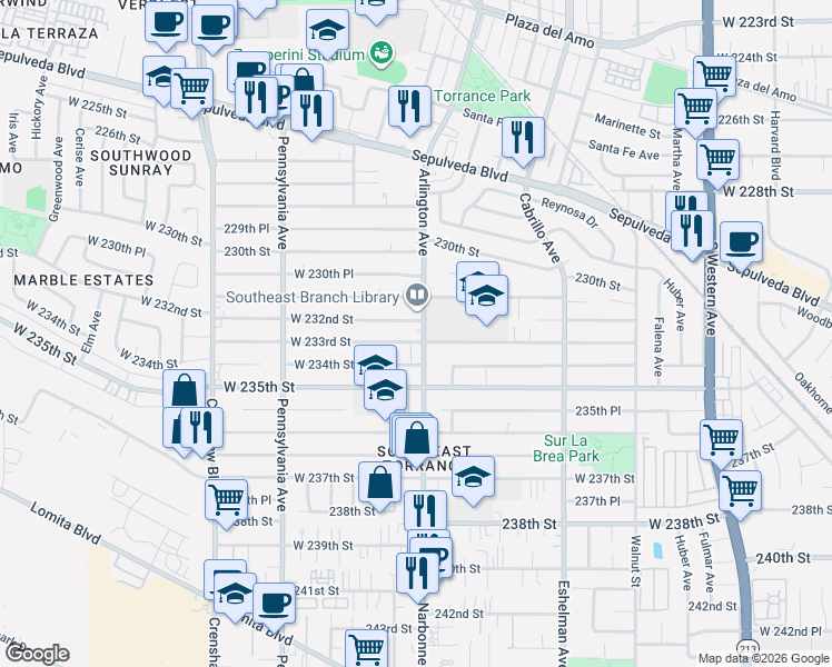 map of restaurants, bars, coffee shops, grocery stores, and more near 23219 Arlington Avenue in Torrance