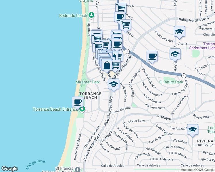 map of restaurants, bars, coffee shops, grocery stores, and more near 319 Palos Verdes Boulevard in Redondo Beach