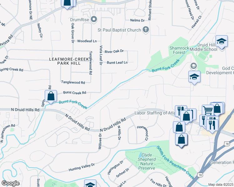 map of restaurants, bars, coffee shops, grocery stores, and more near 2507 Wilson Woods Drive in Decatur