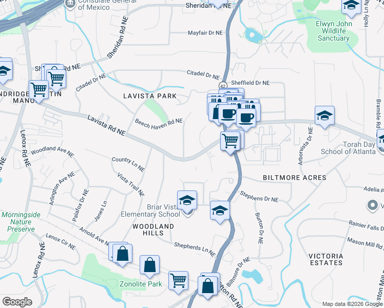 map of restaurants, bars, coffee shops, grocery stores, and more near 1552 Lavista Road in Atlanta