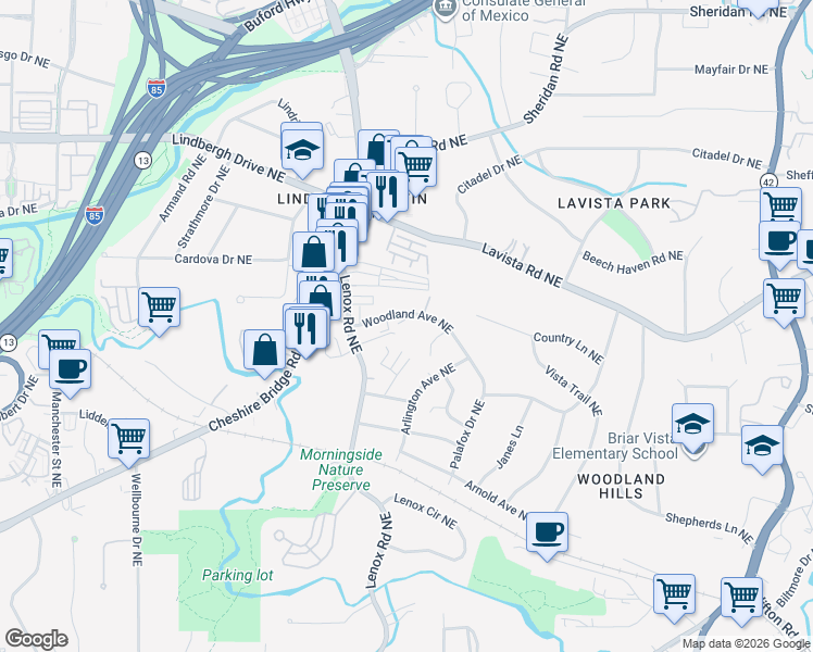 map of restaurants, bars, coffee shops, grocery stores, and more near 1171 Woodland Avenue Northeast in Atlanta