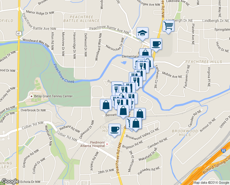 map of restaurants, bars, coffee shops, grocery stores, and more near 223 Colonial Homes Drive Northwest in Atlanta