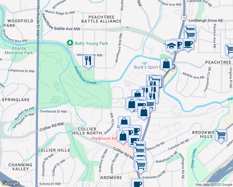 map of restaurants, bars, coffee shops, grocery stores, and more near 308 North Colonial Homes Circle Northwest in Atlanta