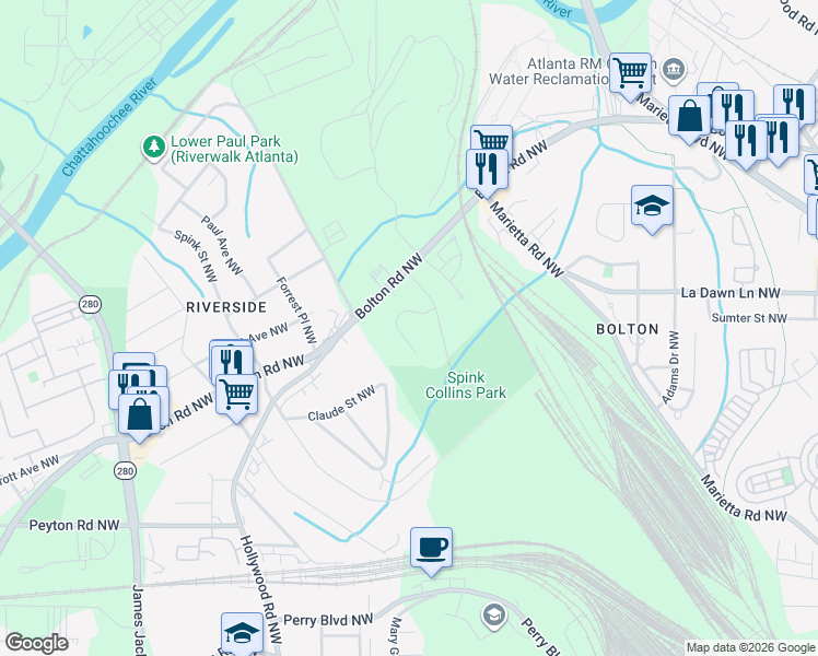 map of restaurants, bars, coffee shops, grocery stores, and more near 2215 Collins Drive Northwest in Atlanta