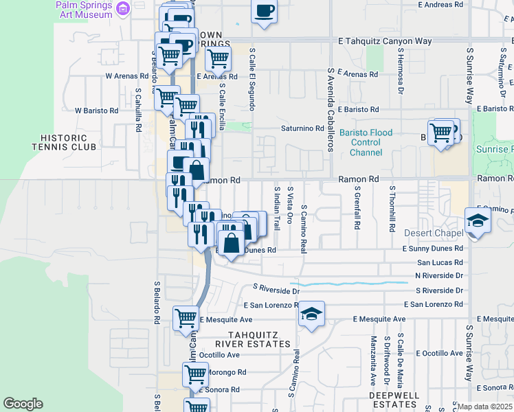 map of restaurants, bars, coffee shops, grocery stores, and more near 573 South Calle Palo Fierro in Palm Springs