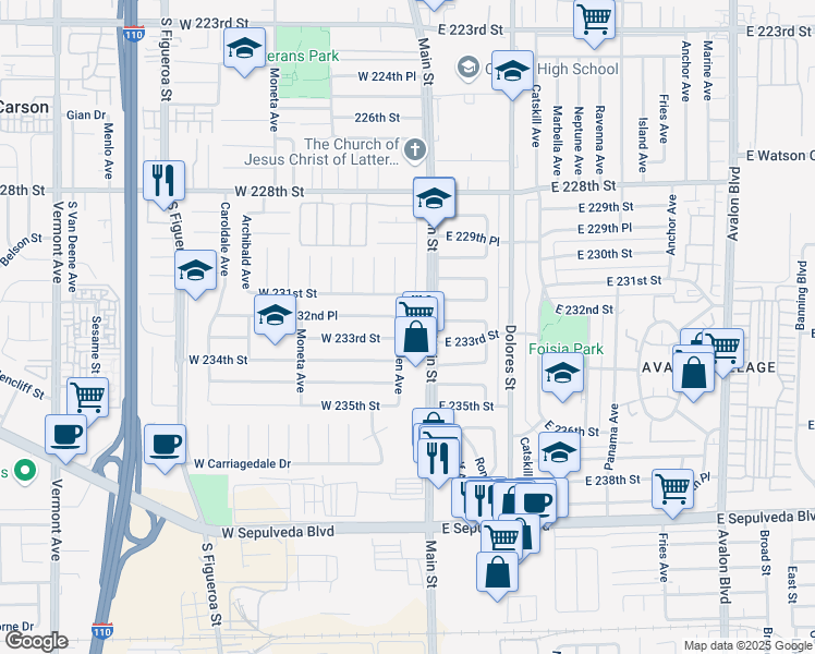 map of restaurants, bars, coffee shops, grocery stores, and more near 23240 Mehden Avenue in Carson