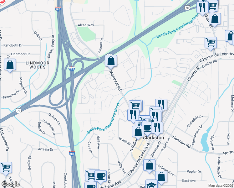 map of restaurants, bars, coffee shops, grocery stores, and more near 103 Plantation Drive in Clarkston