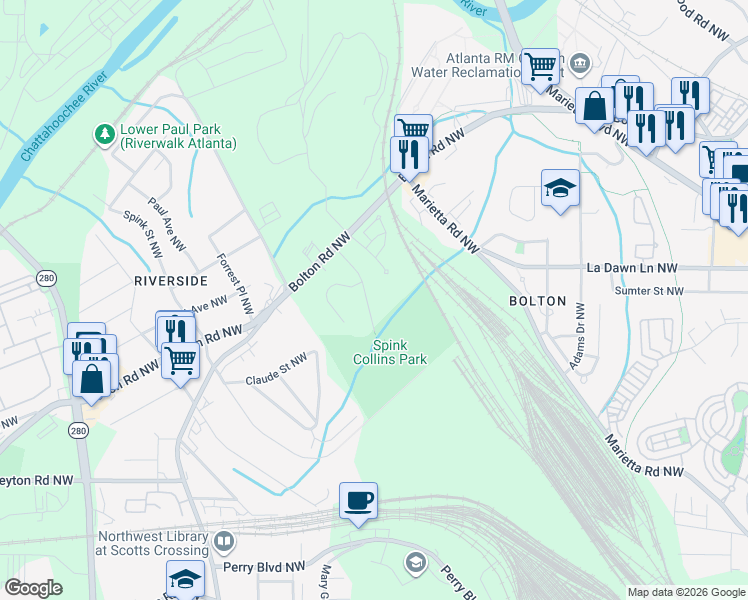map of restaurants, bars, coffee shops, grocery stores, and more near 2161 Collins Drive Northwest in Atlanta