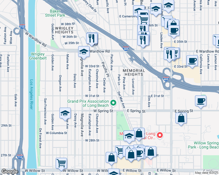 map of restaurants, bars, coffee shops, grocery stores, and more near 3149 Pacific Place in Long Beach