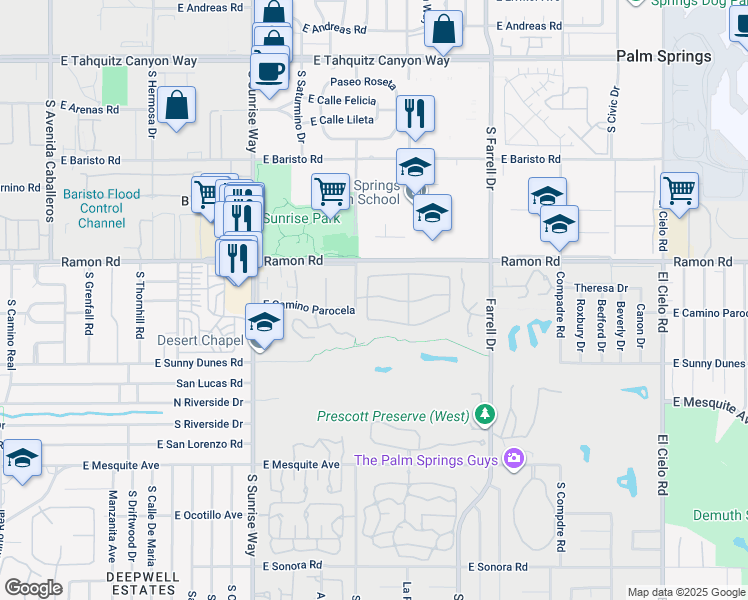 map of restaurants, bars, coffee shops, grocery stores, and more near 2113 Sunshine Way in Palm Springs