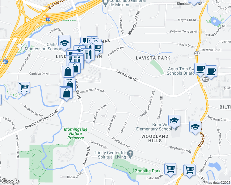map of restaurants, bars, coffee shops, grocery stores, and more near 1049 Country Lane Northeast in Atlanta