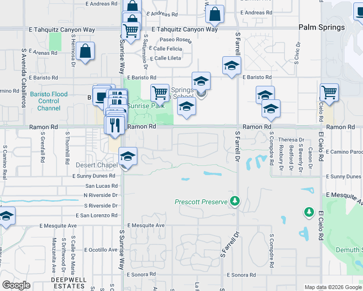 map of restaurants, bars, coffee shops, grocery stores, and more near 2113 Sunshine Way in Palm Springs