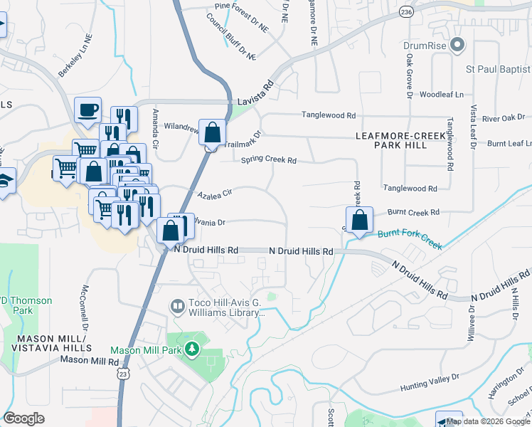 map of restaurants, bars, coffee shops, grocery stores, and more near 2146 Sylvania Drive in Decatur