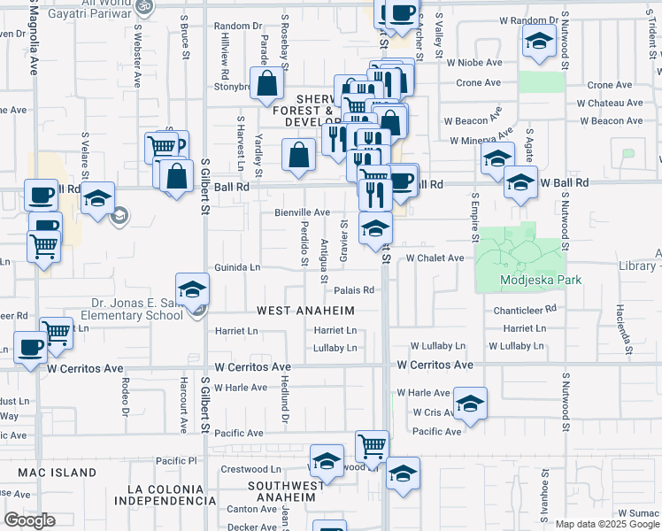 map of restaurants, bars, coffee shops, grocery stores, and more near 10212 Antigua Street in Anaheim