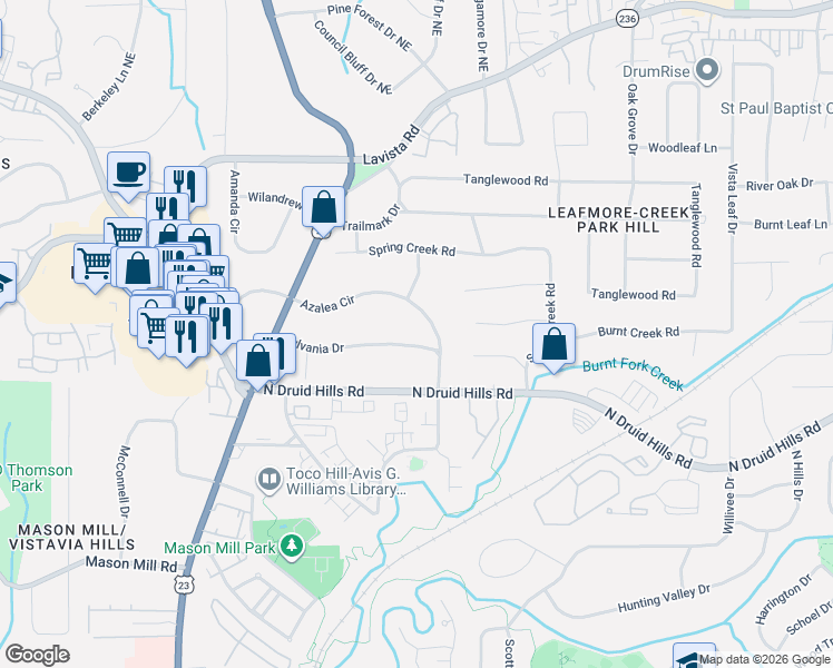 map of restaurants, bars, coffee shops, grocery stores, and more near 2146 Sylvania Drive in Decatur
