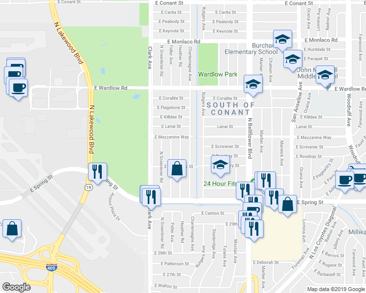 map of restaurants, bars, coffee shops, grocery stores, and more near 3150 Heather Road in Long Beach