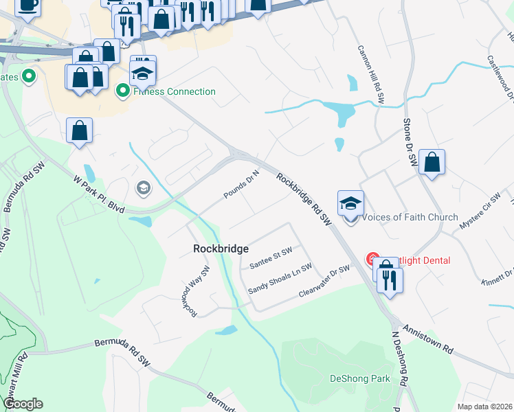 map of restaurants, bars, coffee shops, grocery stores, and more near 2376 Flint Rock Road Southwest in Stone Mountain