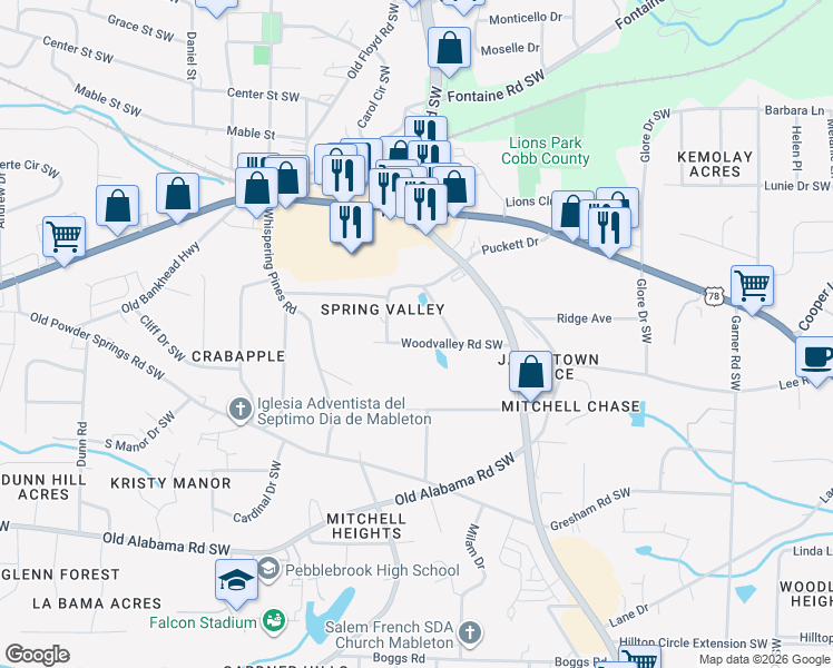map of restaurants, bars, coffee shops, grocery stores, and more near 760 Woodvalley Road Southwest in Mableton