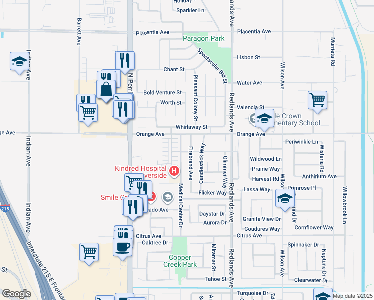 map of restaurants, bars, coffee shops, grocery stores, and more near 2340 Firebrand Avenue in Perris