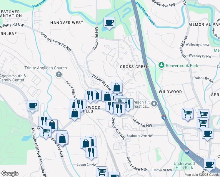 map of restaurants, bars, coffee shops, grocery stores, and more near 2083 Bohler Road Northwest in Atlanta