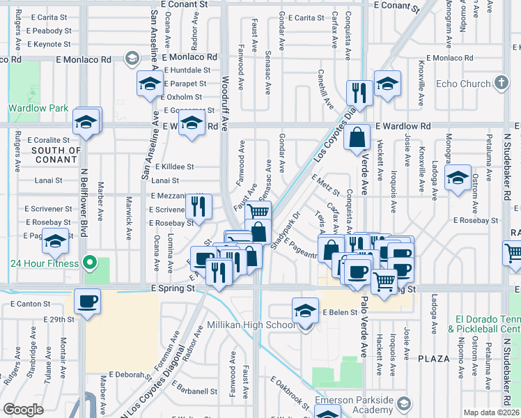 map of restaurants, bars, coffee shops, grocery stores, and more near 3166 Senasac Avenue in Long Beach