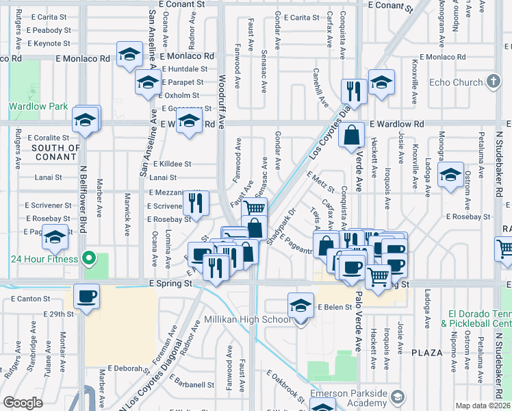 map of restaurants, bars, coffee shops, grocery stores, and more near 3166 Senasac Avenue in Long Beach