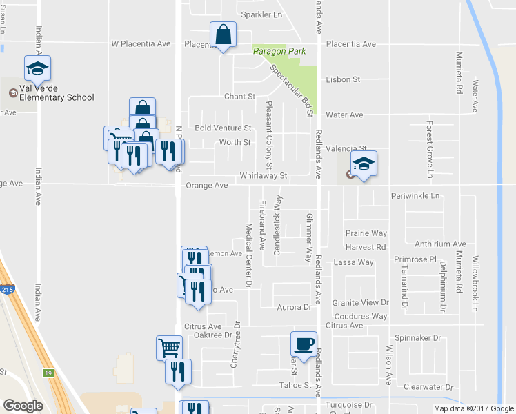 map of restaurants, bars, coffee shops, grocery stores, and more near 2340 Firebrand Avenue in Perris