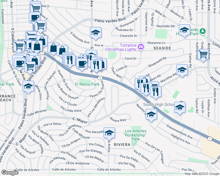 map of restaurants, bars, coffee shops, grocery stores, and more near 23315 Susana Avenue in Torrance
