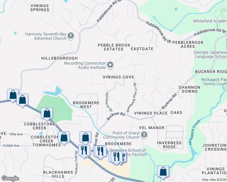 map of restaurants, bars, coffee shops, grocery stores, and more near 5483 Trumpet Vine Trail Southeast in Mableton