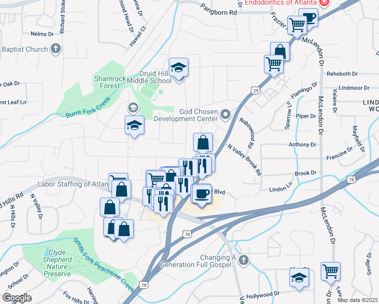 map of restaurants, bars, coffee shops, grocery stores, and more near 2961 Mount Olive Drive in Decatur