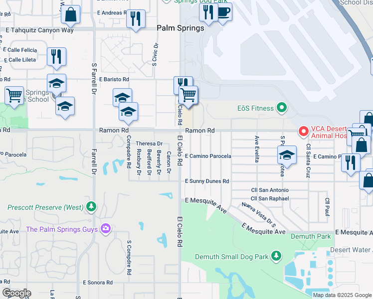 map of restaurants, bars, coffee shops, grocery stores, and more near 580 Desert View Drive in Palm Springs
