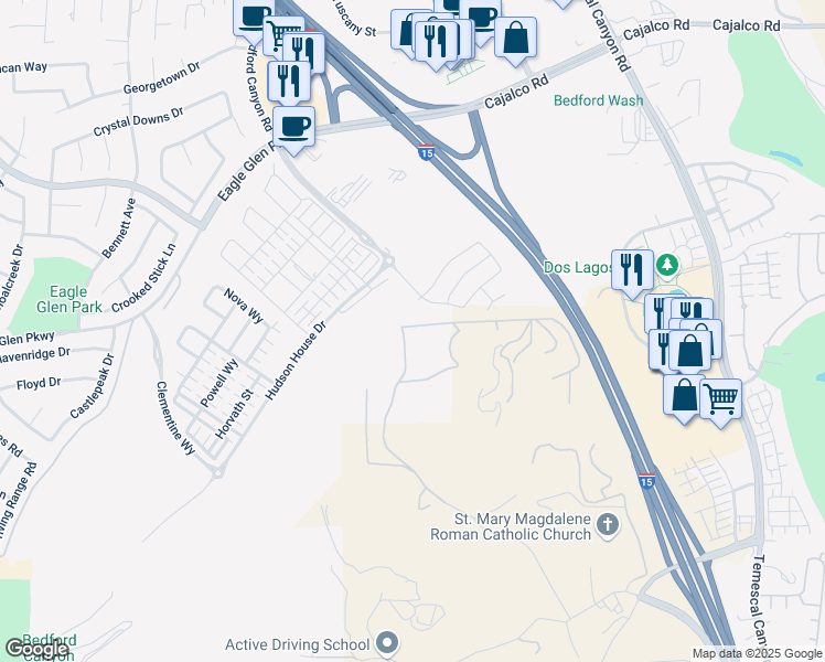 map of restaurants, bars, coffee shops, grocery stores, and more near North Weirick Road in Corona
