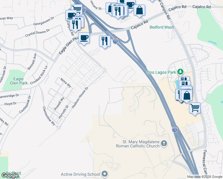 map of restaurants, bars, coffee shops, grocery stores, and more near 21250-21264 Glen Road in Corona