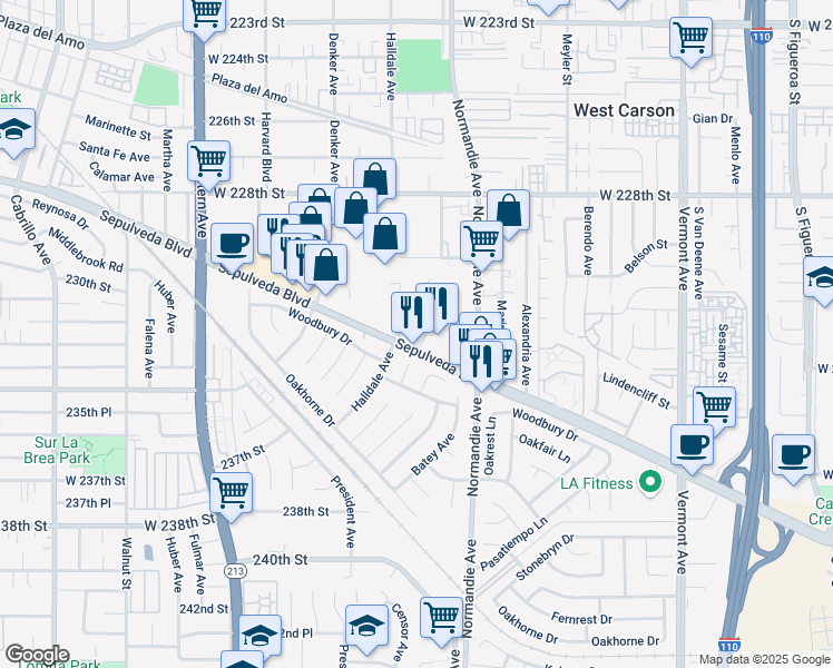 map of restaurants, bars, coffee shops, grocery stores, and more near 1313 Sepulveda Boulevard in Torrance