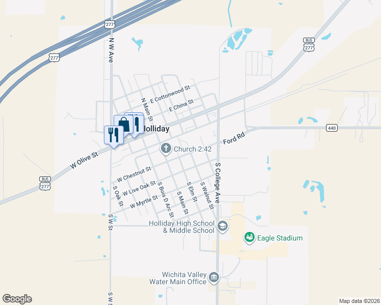 map of restaurants, bars, coffee shops, grocery stores, and more near 199 South Walnut Street in Holliday