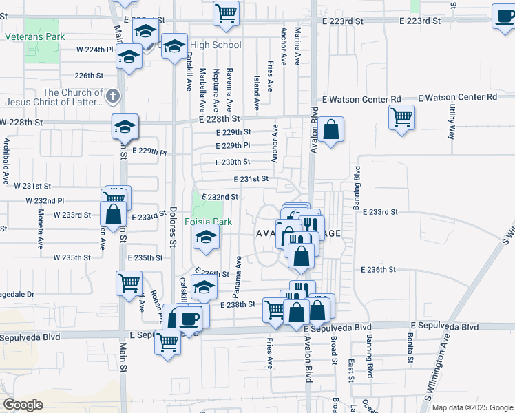 map of restaurants, bars, coffee shops, grocery stores, and more near 23263 Maribel Avenue in Carson