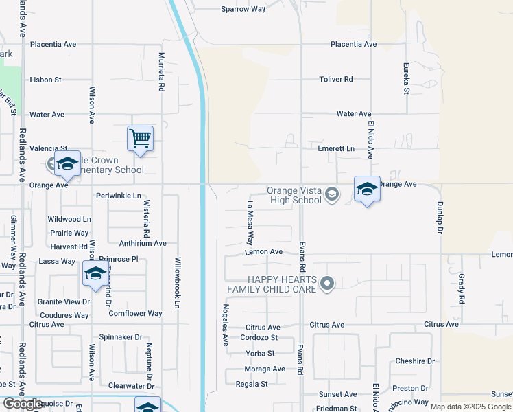map of restaurants, bars, coffee shops, grocery stores, and more near 1092 Fortuna Street in Perris