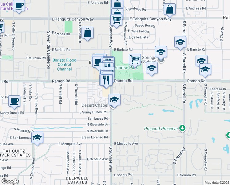 map of restaurants, bars, coffee shops, grocery stores, and more near 586 South Sunrise Way in Palm Springs