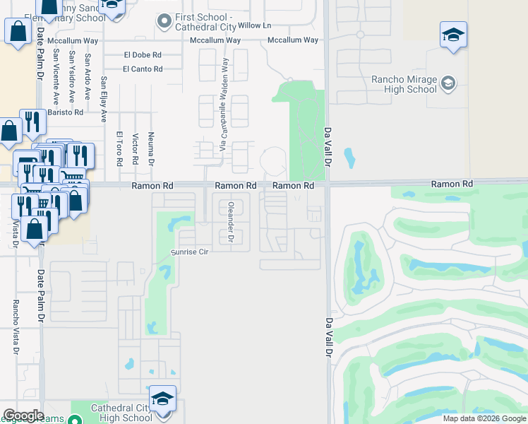 map of restaurants, bars, coffee shops, grocery stores, and more near 69801 Ramon Road in Cathedral City