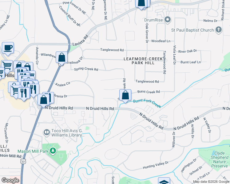 map of restaurants, bars, coffee shops, grocery stores, and more near 2251 Creek Park Road in Decatur