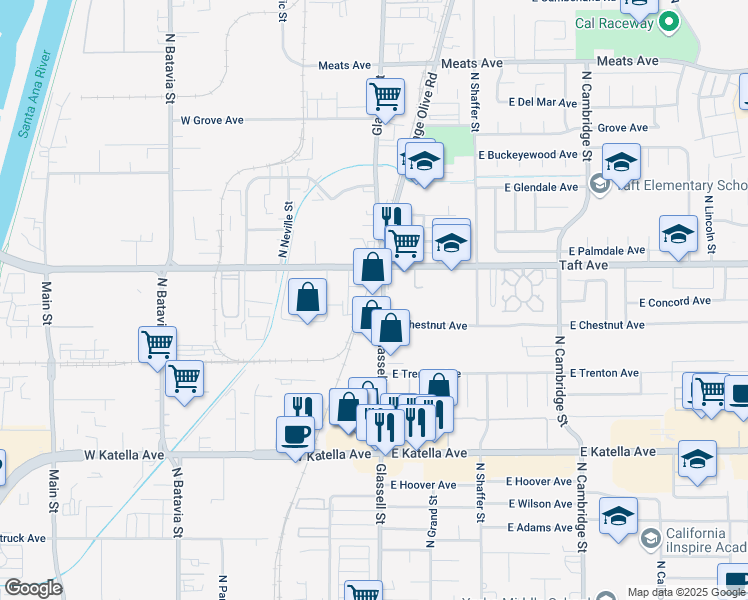 map of restaurants, bars, coffee shops, grocery stores, and more near 1650 North Glassell Street in Orange